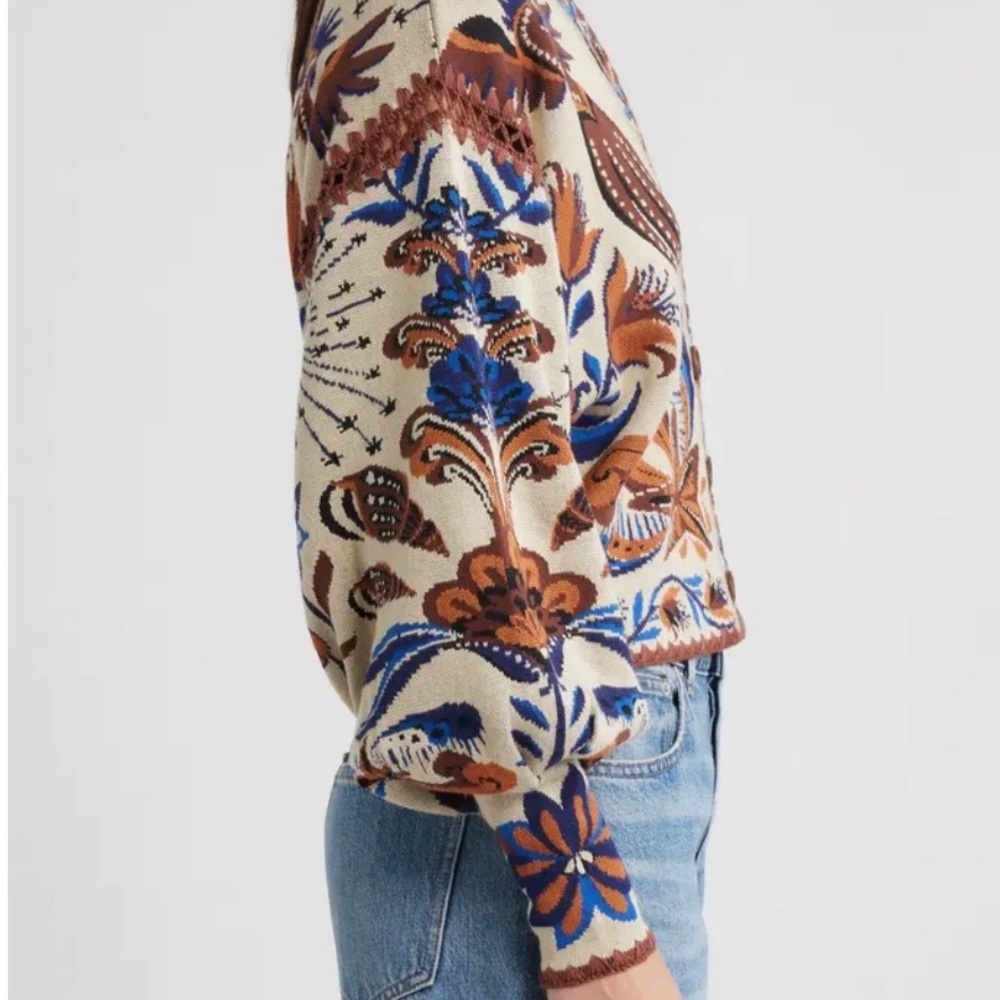 FARM Rio Floral Jacquard Button-Front Cardigan in Cream, Brown & Blue - Picture 5 of 7
